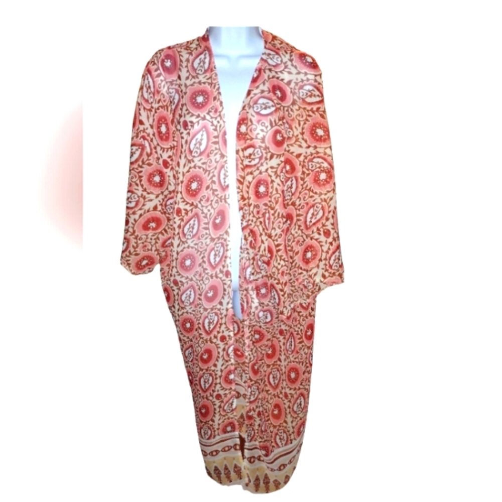 Kimono sheer peach orange and white one size fits all (best for L, XL)